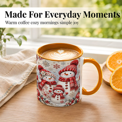 #pl[11oz|Orange] Snowman Family Coffee Mug, Poinsettia Snowman Mug, Ceramic Cup