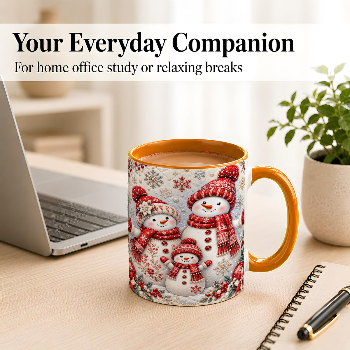 #pl[11oz|Orange] Snowman Family Coffee Mug, Poinsettia Snowman Mug, Ceramic Cup