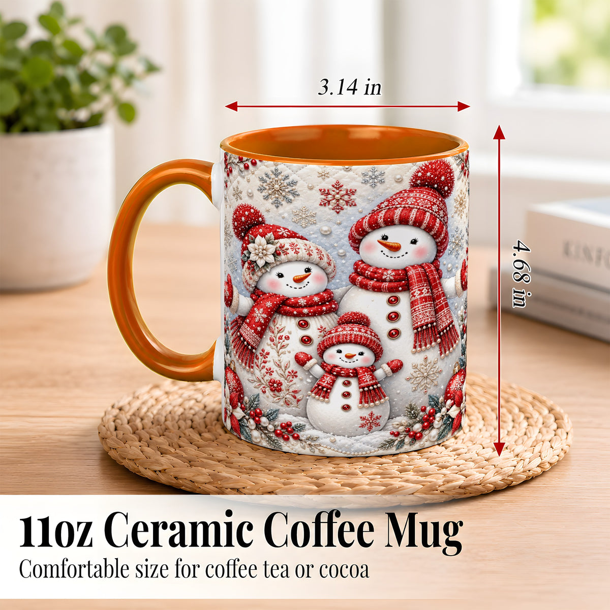 #pl[11oz|Orange] Snowman Family Coffee Mug, Poinsettia Snowman Mug, Ceramic Cup
