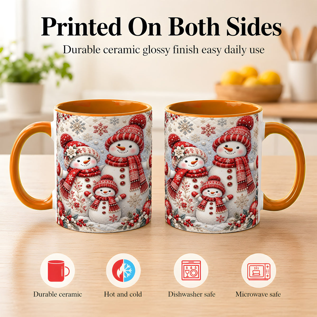 #pl[11oz|Orange] Snowman Family Coffee Mug, Poinsettia Snowman Mug, Ceramic Cup