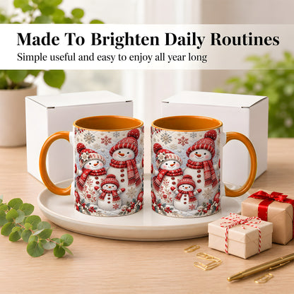 #pl[11oz|Orange] Snowman Family Coffee Mug, Poinsettia Snowman Mug, Ceramic Cup