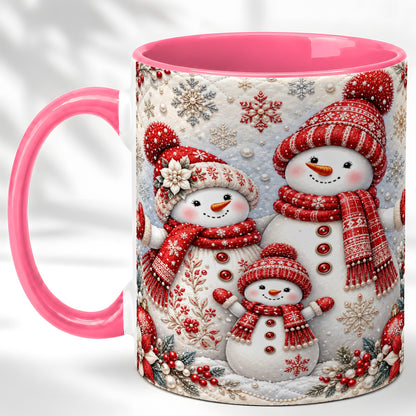 #pl[11oz|Pink] Snowman Family Coffee Mug, Poinsettia Snowman Mug, Ceramic Cup