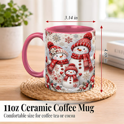#pl[11oz|Pink] Snowman Family Coffee Mug, Poinsettia Snowman Mug, Ceramic Cup