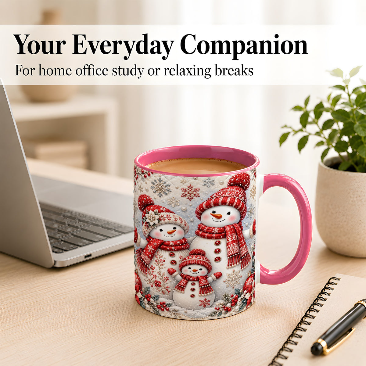 #pl[11oz|Pink] Snowman Family Coffee Mug, Poinsettia Snowman Mug, Ceramic Cup