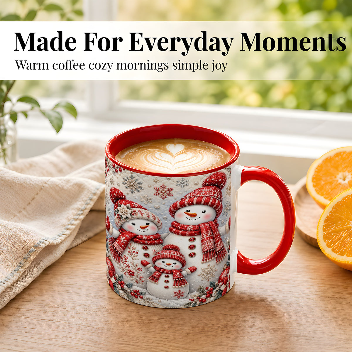 #pl[11oz|Red] Snowman Family Coffee Mug, Poinsettia Snowman Mug, Ceramic Cup