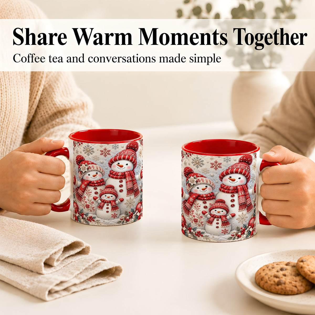 #pl[11oz|Red] Snowman Family Coffee Mug, Poinsettia Snowman Mug, Ceramic Cup
