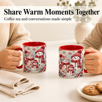 #pl[11oz|Red] Snowman Family Coffee Mug, Poinsettia Snowman Mug, Ceramic Cup