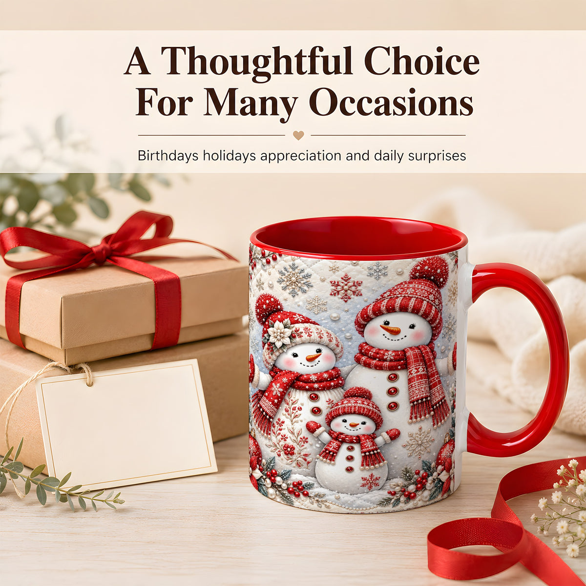 #pl[11oz|Red] Snowman Family Coffee Mug, Poinsettia Snowman Mug, Ceramic Cup