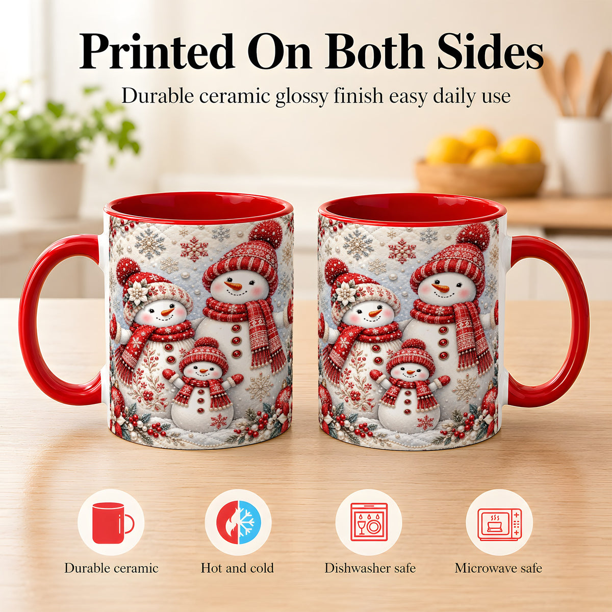 #pl[11oz|Red] Snowman Family Coffee Mug, Poinsettia Snowman Mug, Ceramic Cup