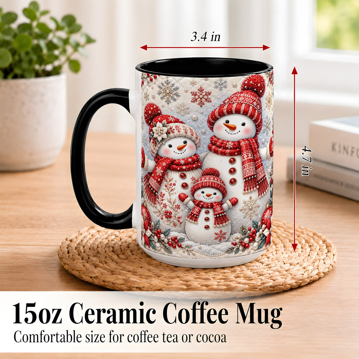 #pl[15oz|Black] Snowman Family Coffee Mug, Poinsettia Snowman Mug, Ceramic Cup