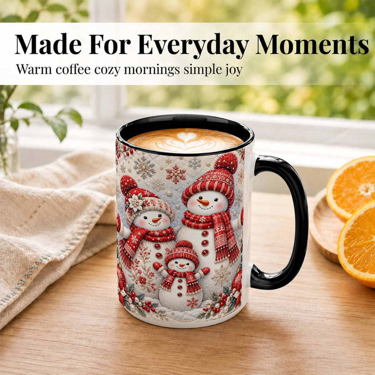 #pl[15oz|Black] Snowman Family Coffee Mug, Poinsettia Snowman Mug, Ceramic Cup