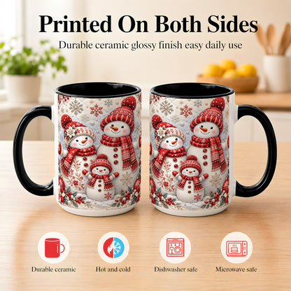 #pl[15oz|Black] Snowman Family Coffee Mug, Poinsettia Snowman Mug, Ceramic Cup