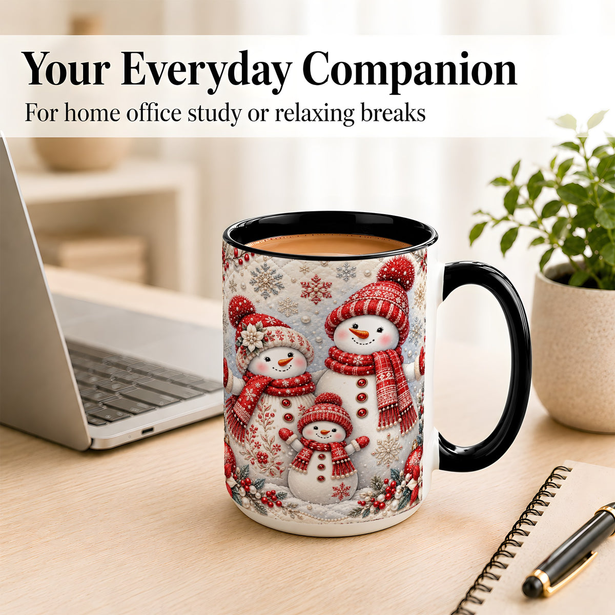 #pl[15oz|Black] Snowman Family Coffee Mug, Poinsettia Snowman Mug, Ceramic Cup