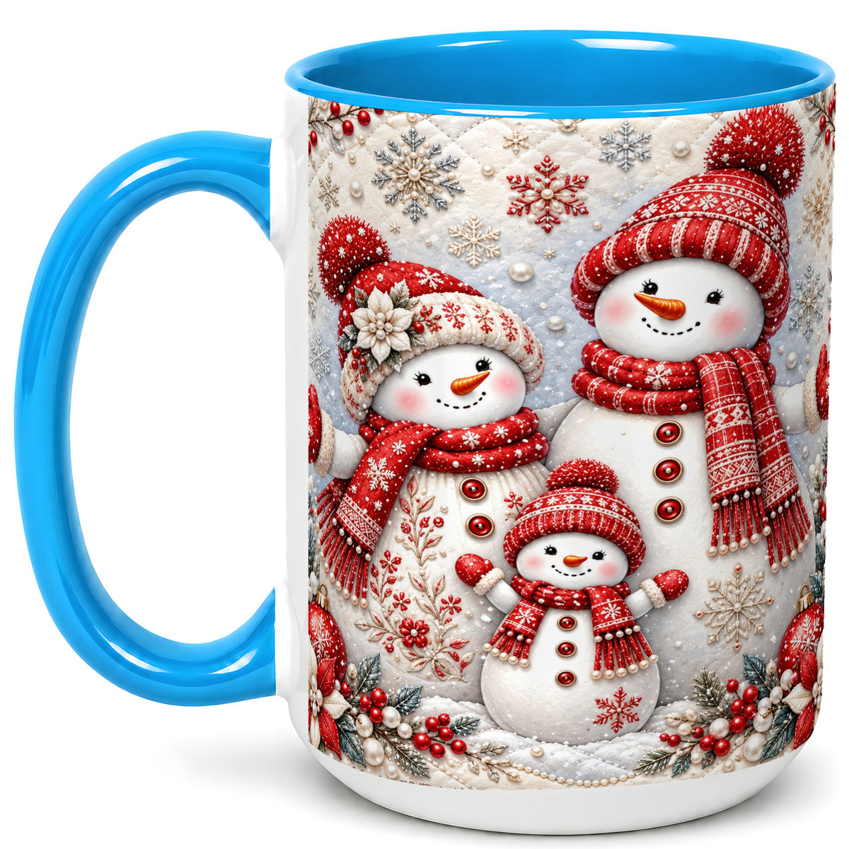 #pl[15oz|Blue] Snowman Family Coffee Mug, Poinsettia Snowman Mug, Ceramic Cup