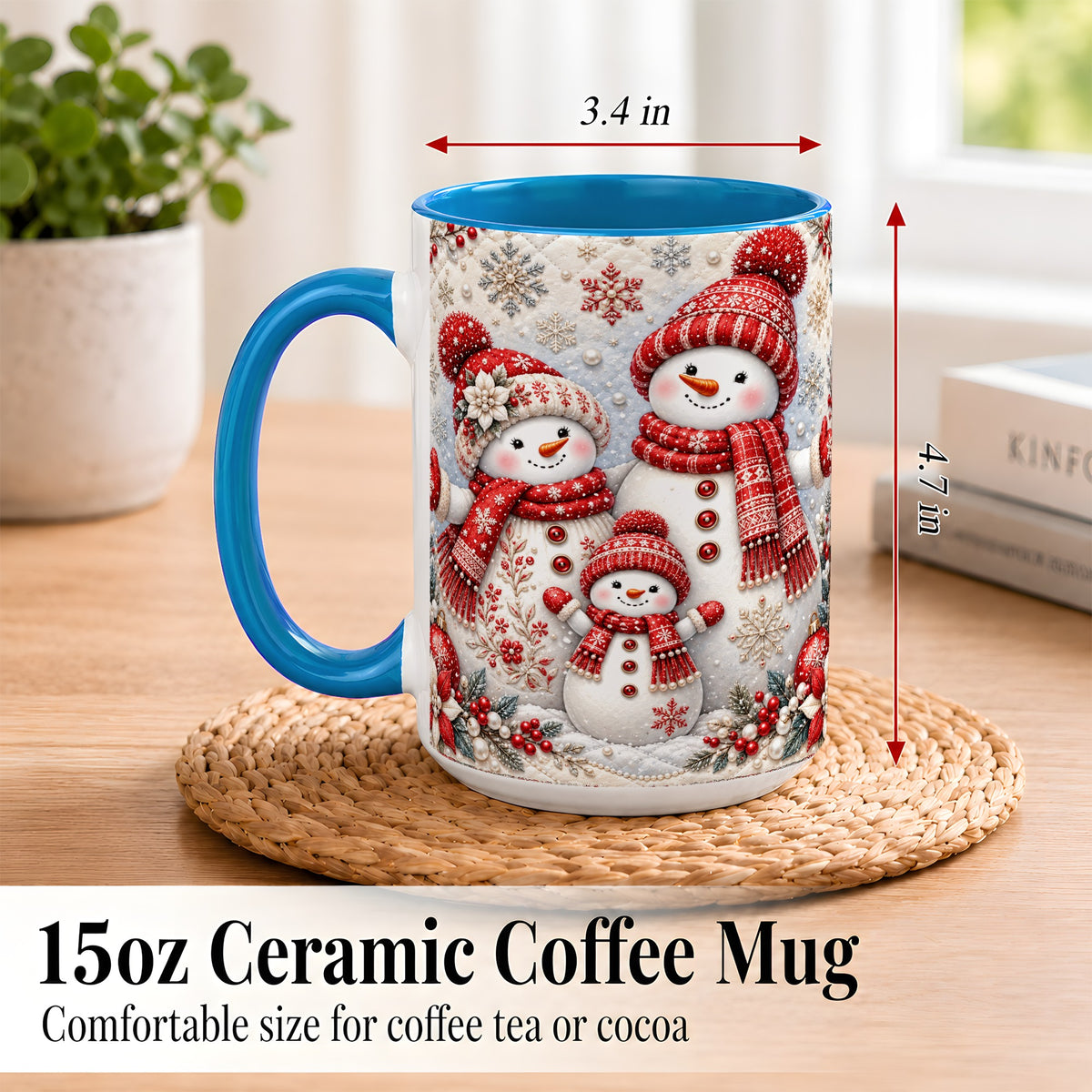 #pl[15oz|Blue] Snowman Family Coffee Mug, Poinsettia Snowman Mug, Ceramic Cup