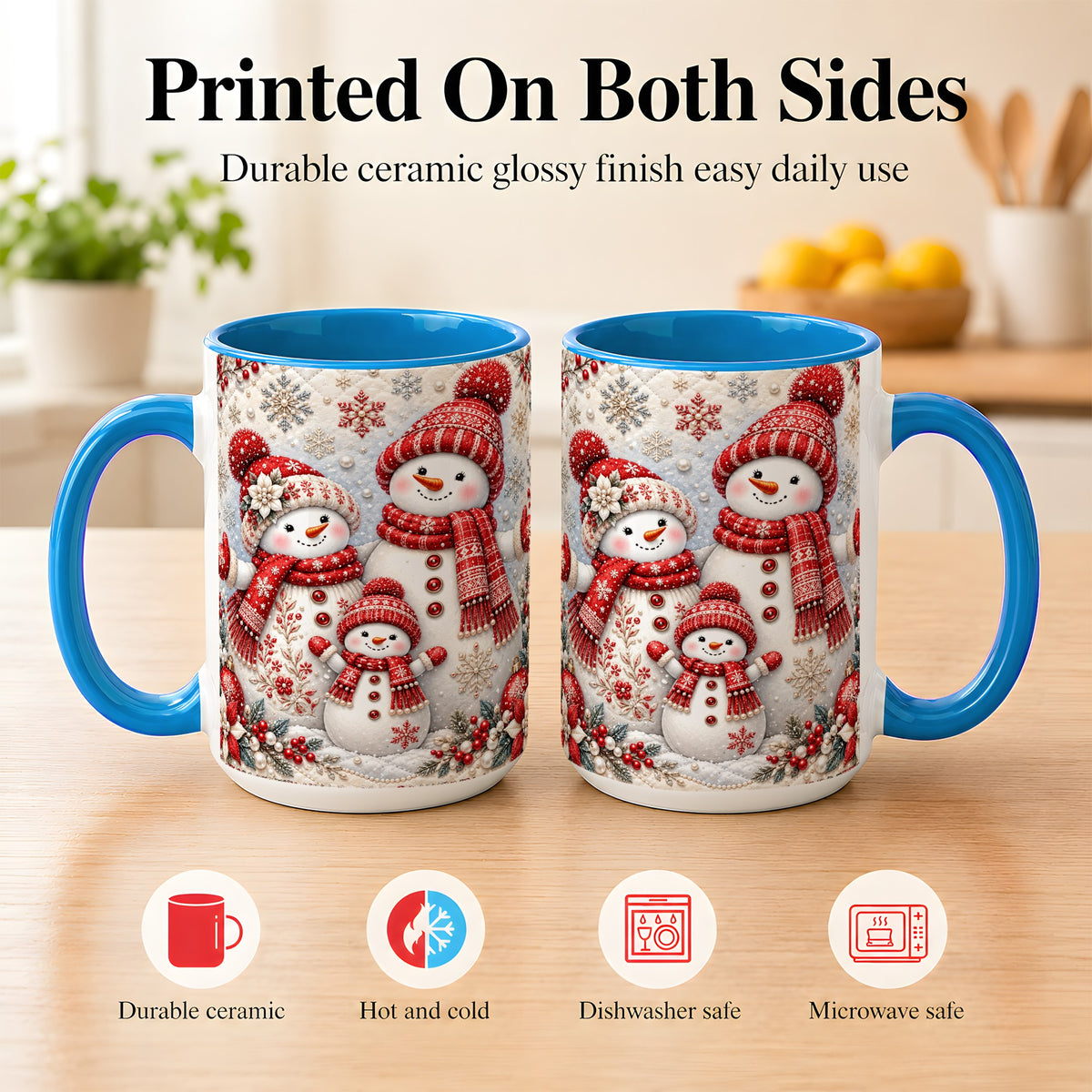 #pl[15oz|Blue] Snowman Family Coffee Mug, Poinsettia Snowman Mug, Ceramic Cup