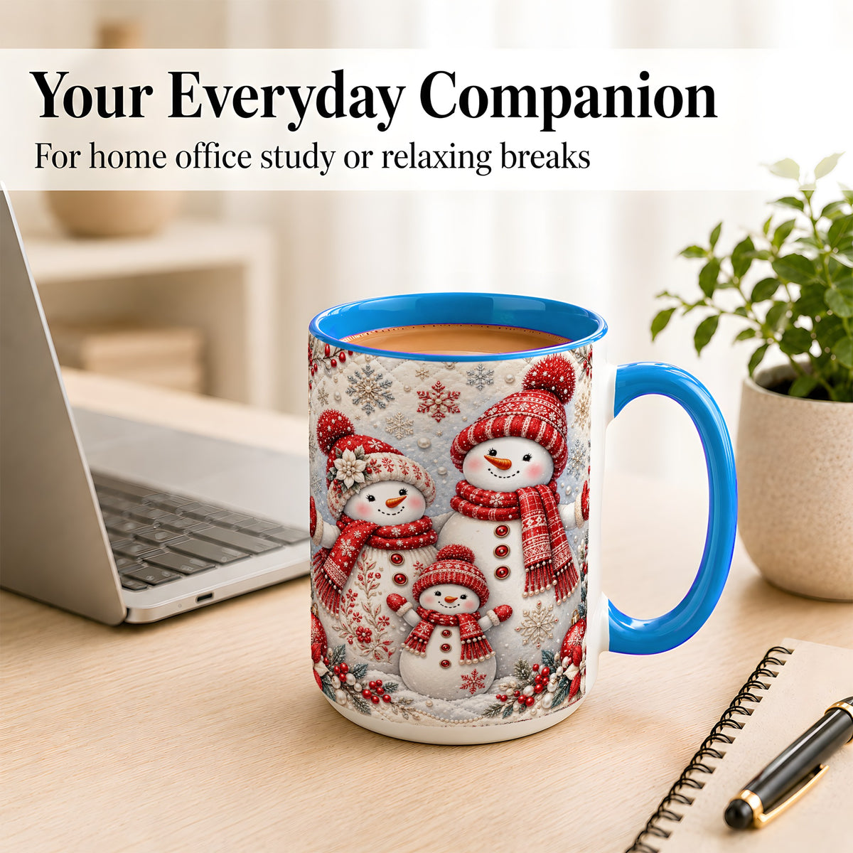 #pl[15oz|Blue] Snowman Family Coffee Mug, Poinsettia Snowman Mug, Ceramic Cup