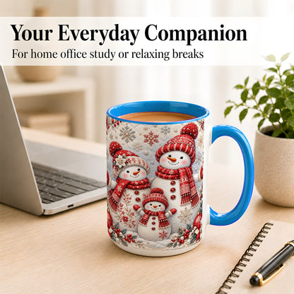 #pl[15oz|Blue] Snowman Family Coffee Mug, Poinsettia Snowman Mug, Ceramic Cup