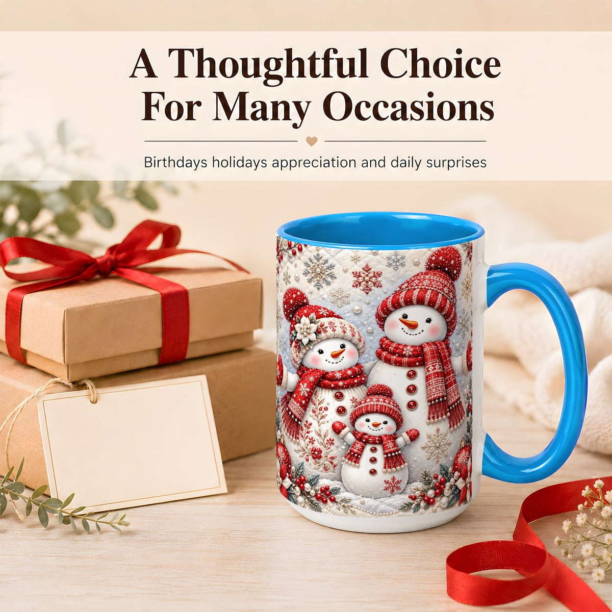 #pl[15oz|Blue] Snowman Family Coffee Mug, Poinsettia Snowman Mug, Ceramic Cup