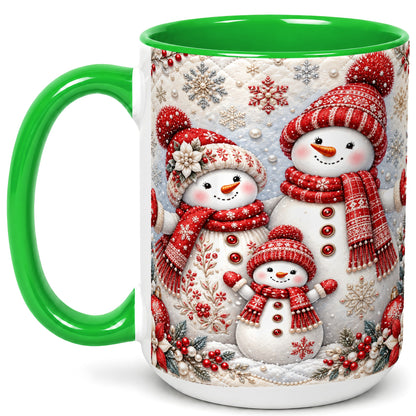 #pl[15oz|Green] Snowman Family Coffee Mug, Poinsettia Snowman Mug, Ceramic Cup
