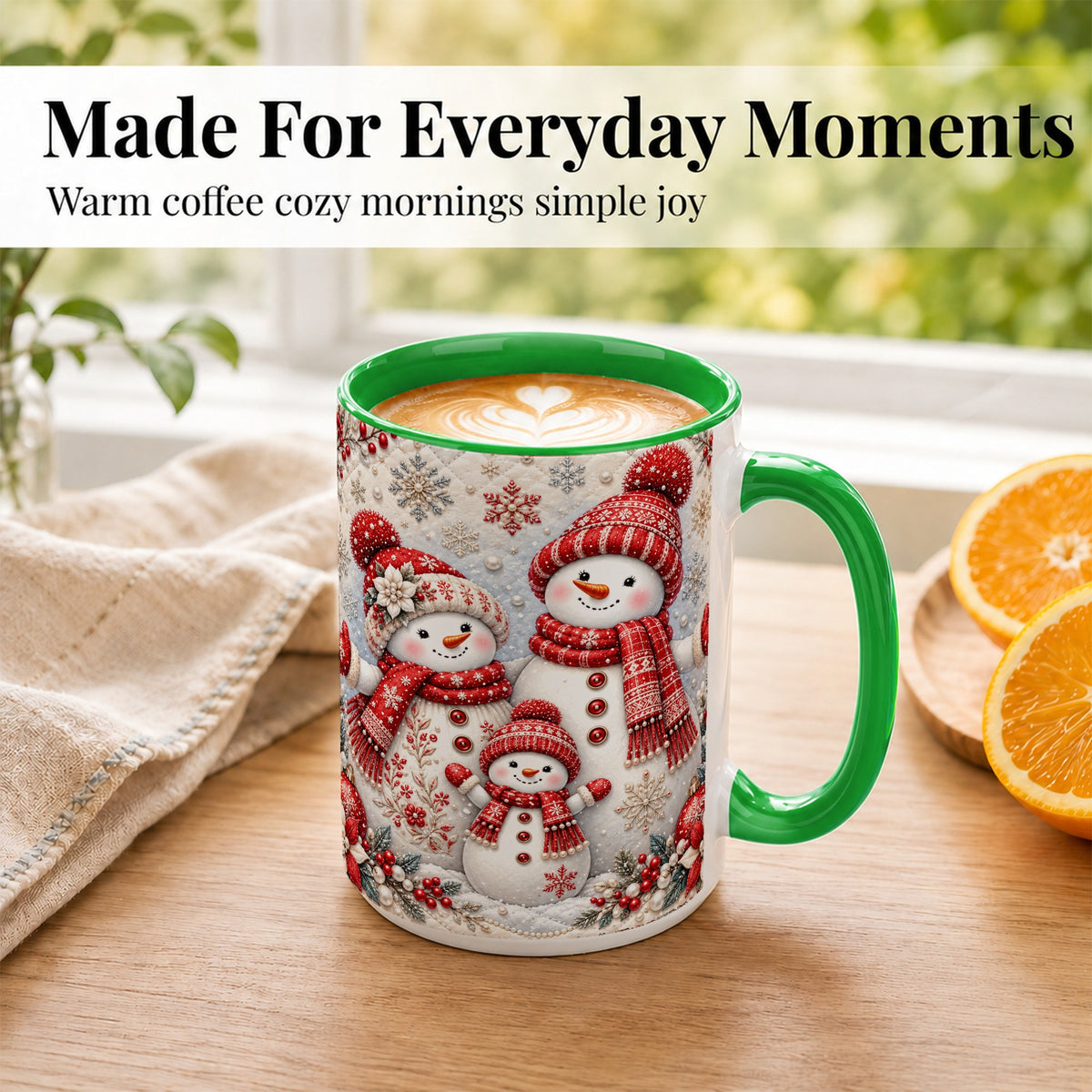 #pl[15oz|Green] Snowman Family Coffee Mug, Poinsettia Snowman Mug, Ceramic Cup