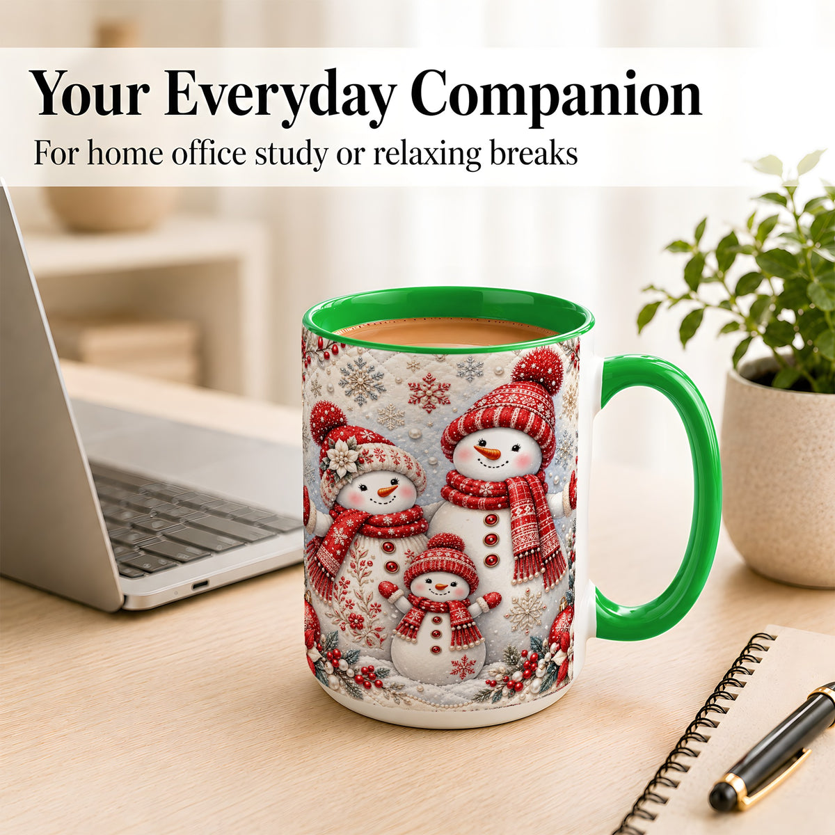 #pl[15oz|Green] Snowman Family Coffee Mug, Poinsettia Snowman Mug, Ceramic Cup
