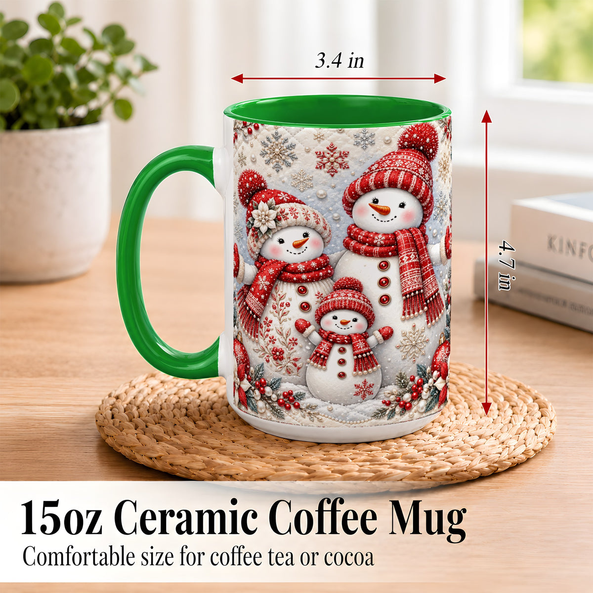#pl[15oz|Green] Snowman Family Coffee Mug, Poinsettia Snowman Mug, Ceramic Cup
