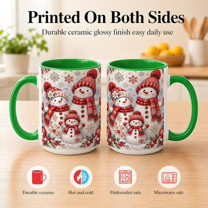 #pl[15oz|Green] Snowman Family Coffee Mug, Poinsettia Snowman Mug, Ceramic Cup
