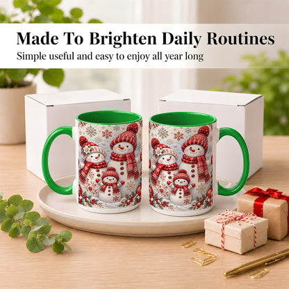 #pl[15oz|Green] Snowman Family Coffee Mug, Poinsettia Snowman Mug, Ceramic Cup
