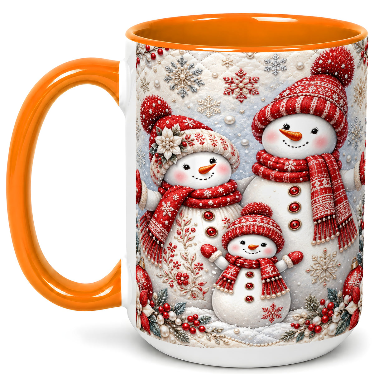 #pl[15oz|Orange] Snowman Family Coffee Mug, Poinsettia Snowman Mug, Ceramic Cup