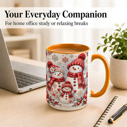 #pl[15oz|Orange] Snowman Family Coffee Mug, Poinsettia Snowman Mug, Ceramic Cup