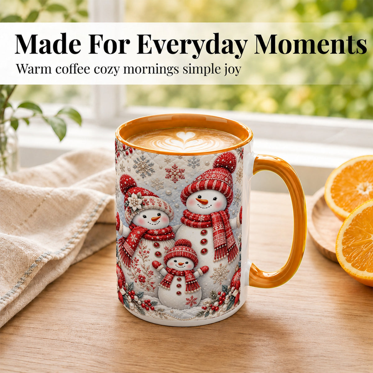 #pl[15oz|Orange] Snowman Family Coffee Mug, Poinsettia Snowman Mug, Ceramic Cup