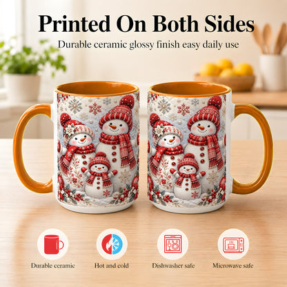 #pl[15oz|Orange] Snowman Family Coffee Mug, Poinsettia Snowman Mug, Ceramic Cup
