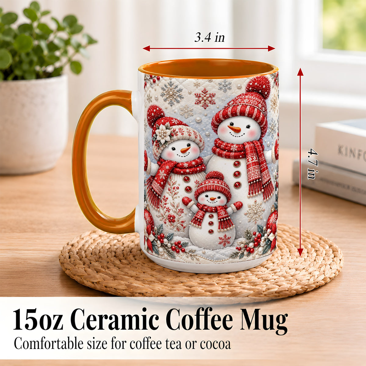 #pl[15oz|Orange] Snowman Family Coffee Mug, Poinsettia Snowman Mug, Ceramic Cup