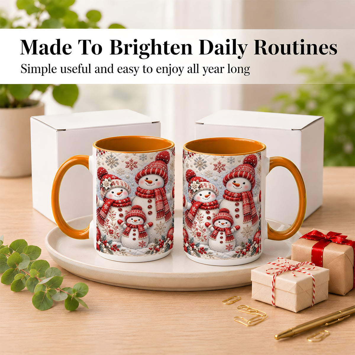 #pl[15oz|Orange] Snowman Family Coffee Mug, Poinsettia Snowman Mug, Ceramic Cup