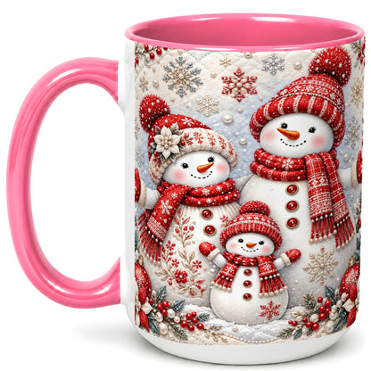 #pl[15oz|Pink] Snowman Family Coffee Mug, Poinsettia Snowman Mug, Ceramic Cup