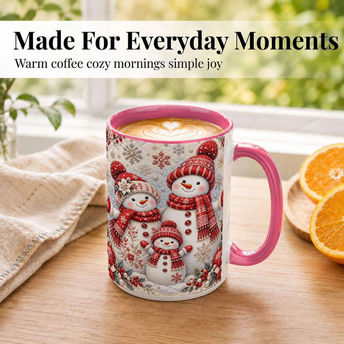 #pl[15oz|Pink] Snowman Family Coffee Mug, Poinsettia Snowman Mug, Ceramic Cup