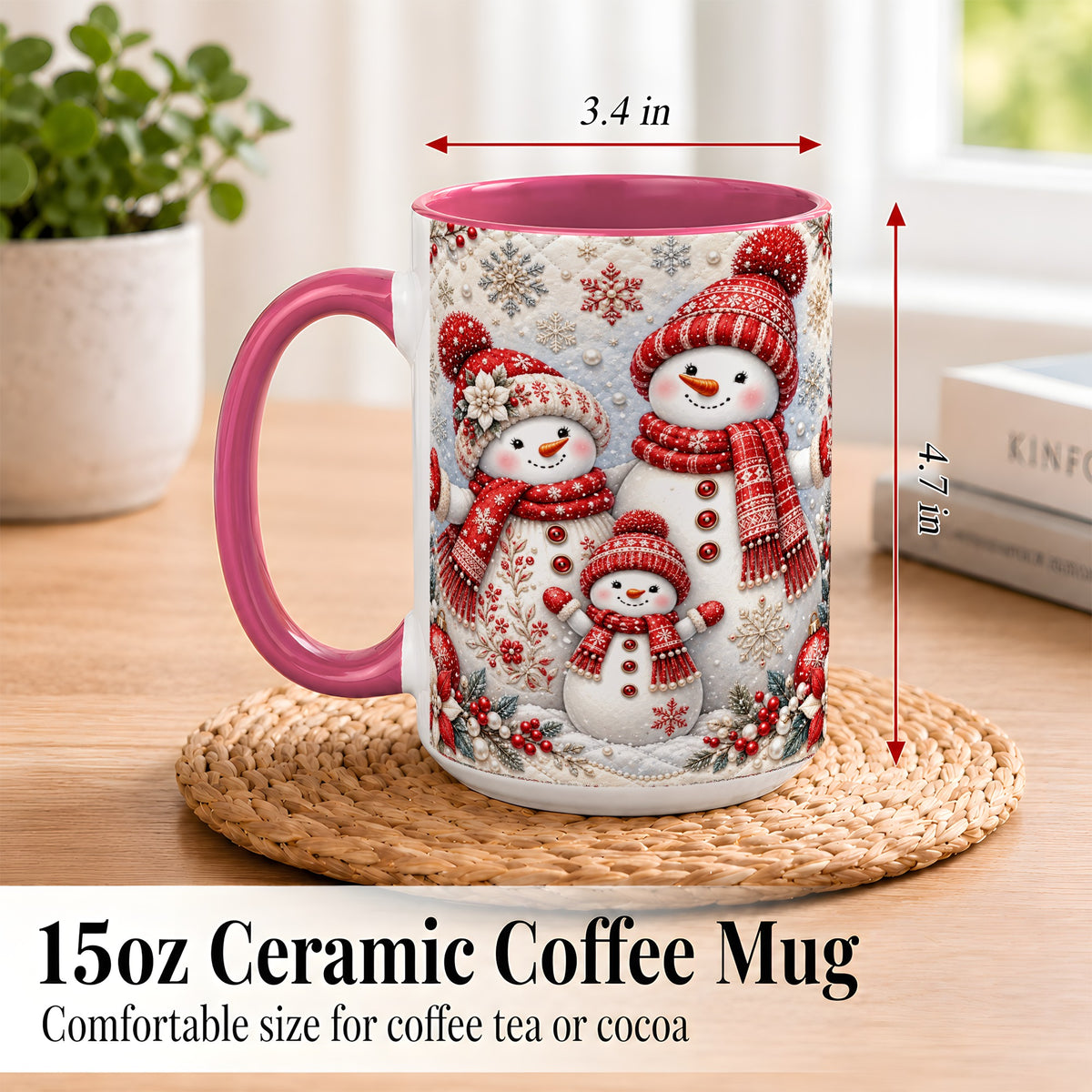 #pl[15oz|Pink] Snowman Family Coffee Mug, Poinsettia Snowman Mug, Ceramic Cup