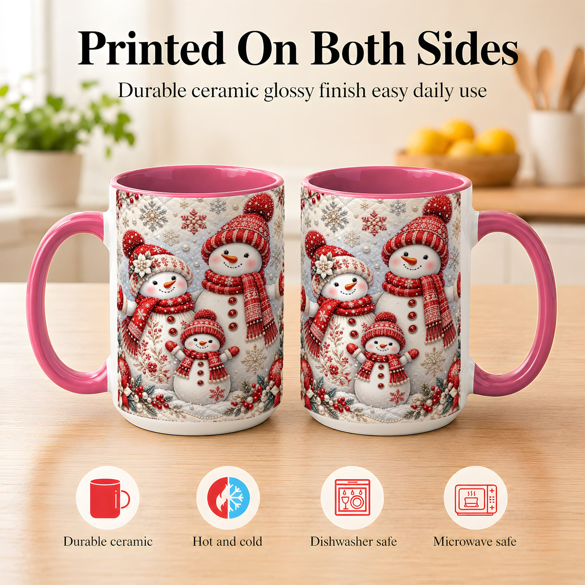 #pl[15oz|Pink] Snowman Family Coffee Mug, Poinsettia Snowman Mug, Ceramic Cup