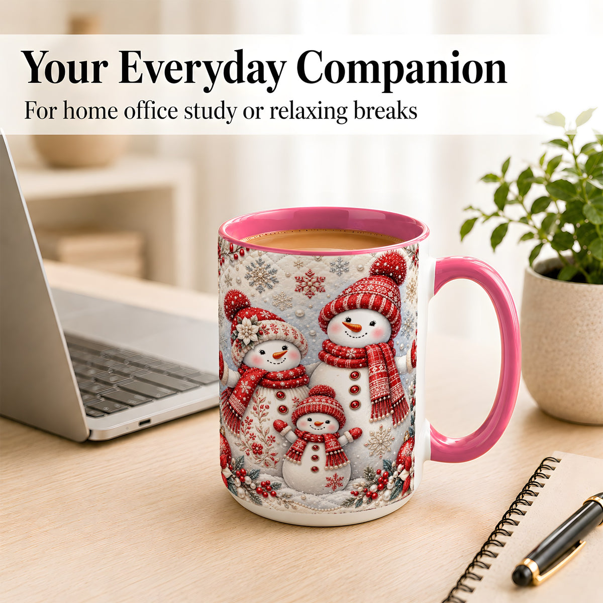 #pl[15oz|Pink] Snowman Family Coffee Mug, Poinsettia Snowman Mug, Ceramic Cup