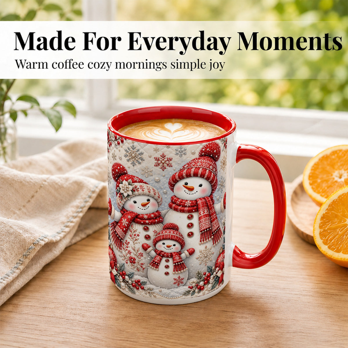 #pl[15oz|Red] Snowman Family Coffee Mug, Poinsettia Snowman Mug, Ceramic Cup