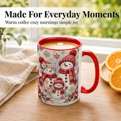 #pl[15oz|Red] Snowman Family Coffee Mug, Poinsettia Snowman Mug, Ceramic Cup