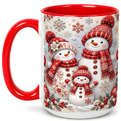 #pl[15oz|Red] Snowman Family Coffee Mug, Poinsettia Snowman Mug, Ceramic Cup