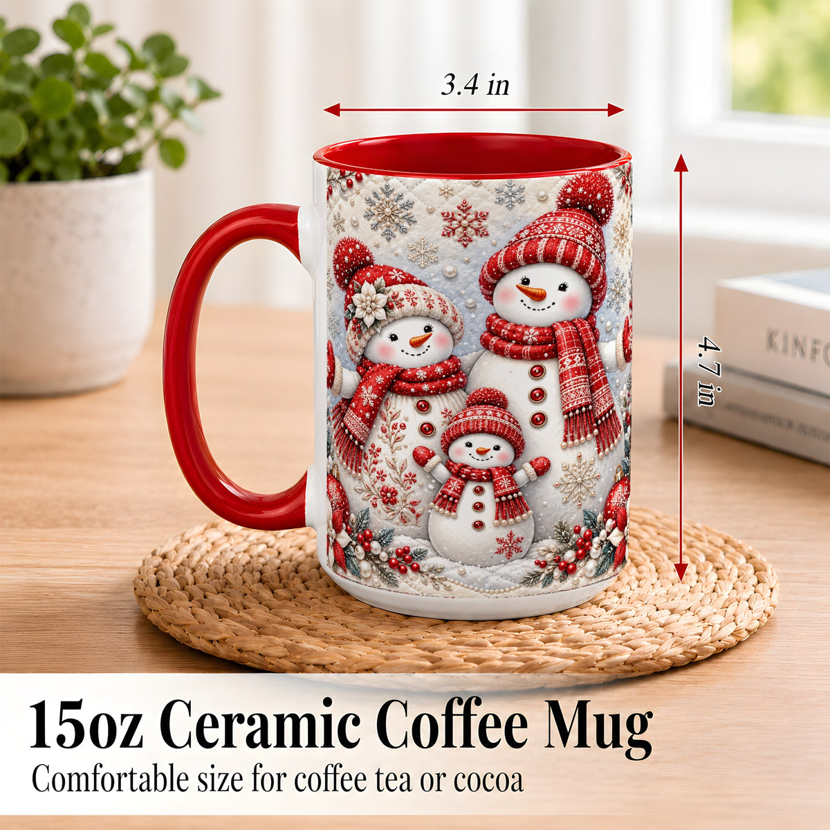 #pl[15oz|Red] Snowman Family Coffee Mug, Poinsettia Snowman Mug, Ceramic Cup