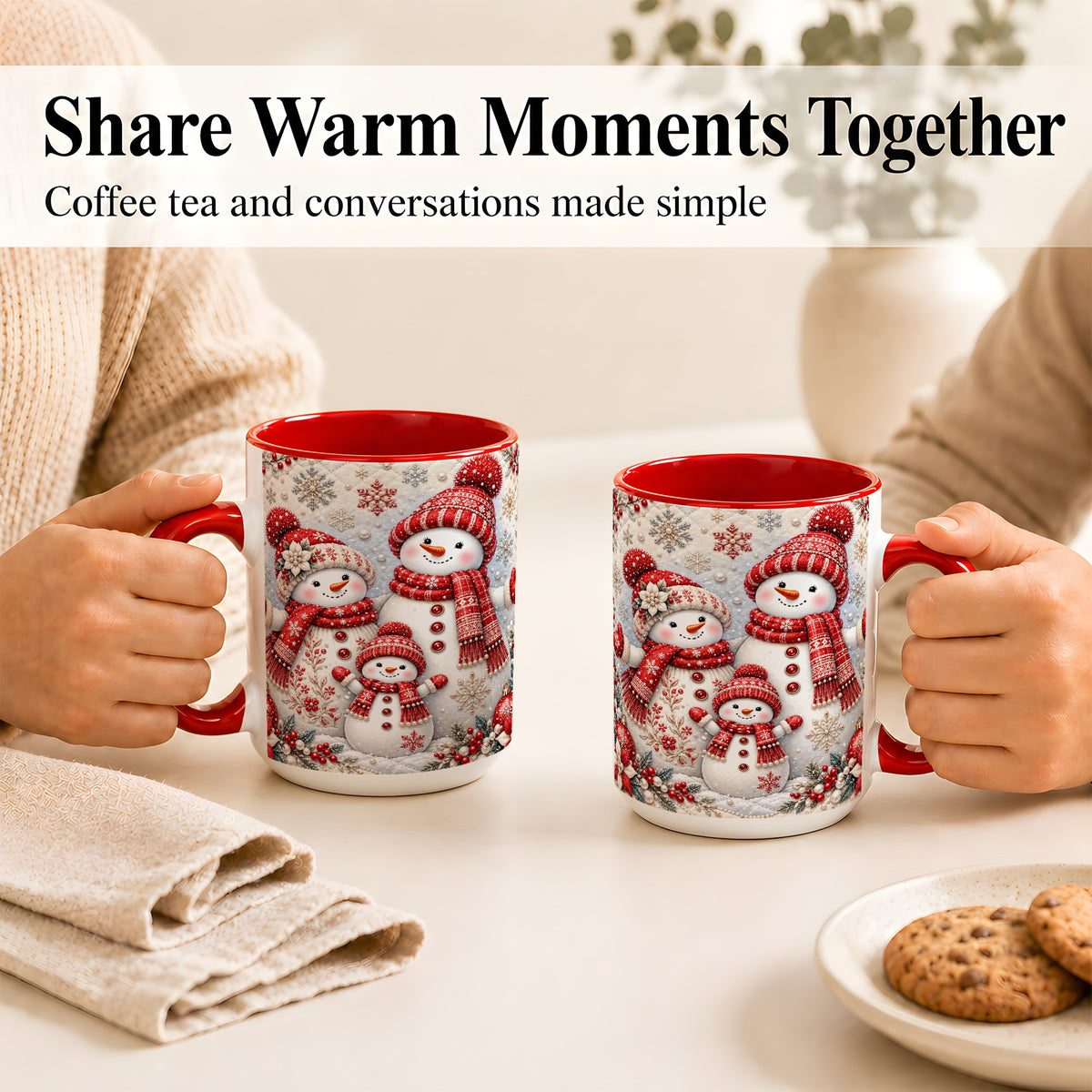 #pl[15oz|Red] Snowman Family Coffee Mug, Poinsettia Snowman Mug, Ceramic Cup