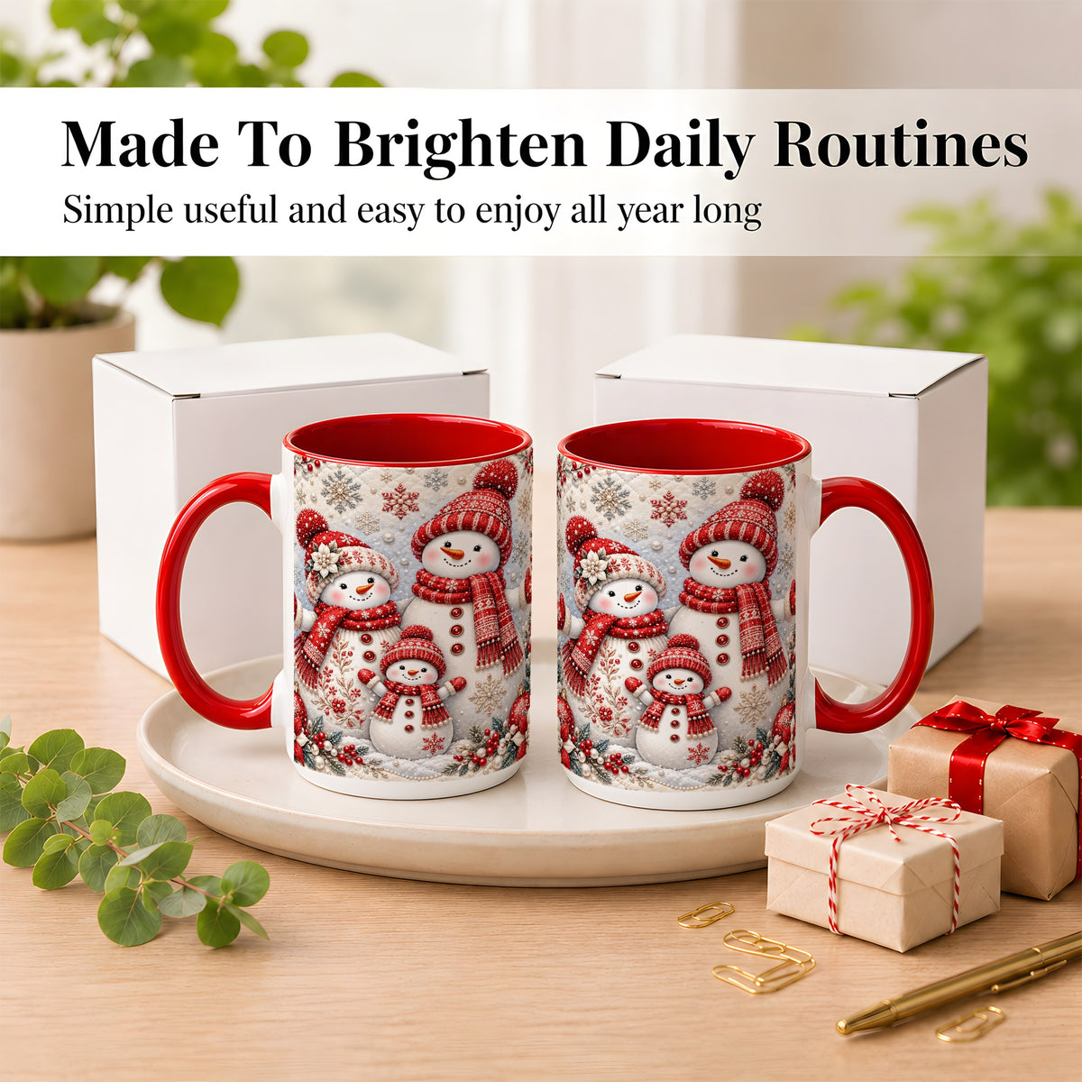 #pl[15oz|Red] Snowman Family Coffee Mug, Poinsettia Snowman Mug, Ceramic Cup
