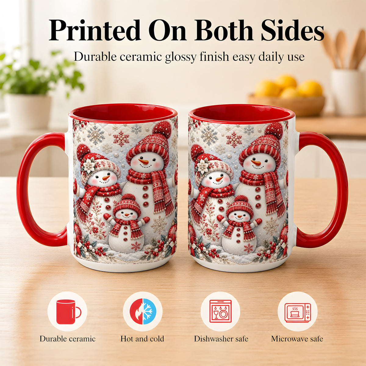 #pl[15oz|Red] Snowman Family Coffee Mug, Poinsettia Snowman Mug, Ceramic Cup