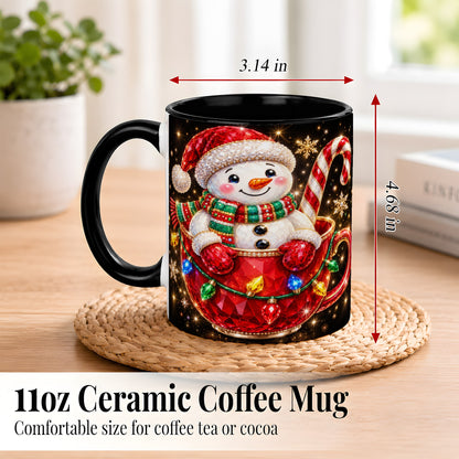 #pl[11oz|Black] Jeweled Snowman Coffee Mug, Candy Cane Snowman Mug, Ceramic Cup