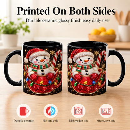 #pl[11oz|Black] Jeweled Snowman Coffee Mug, Candy Cane Snowman Mug, Ceramic Cup