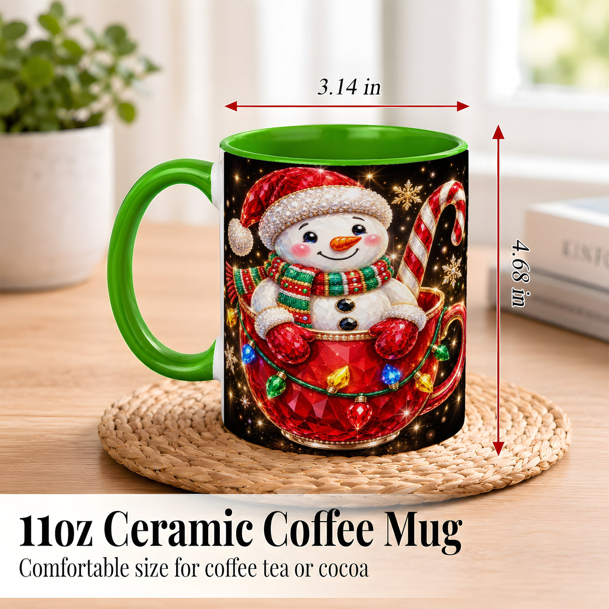 #pl[11oz|Green] Jeweled Snowman Coffee Mug, Candy Cane Snowman Mug, Ceramic Cup